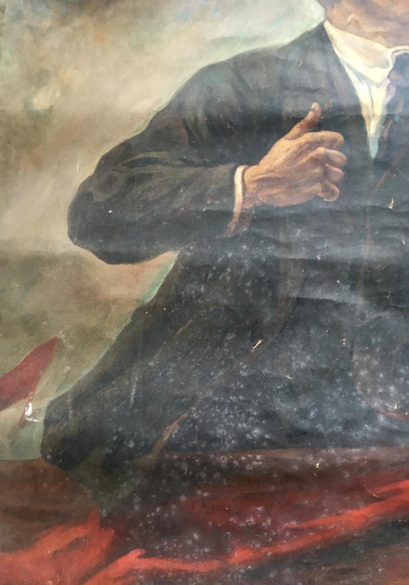 Oil painting of Lenin on podium in dark navy suit jacket, white shirt, tie