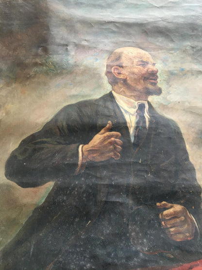 Weathered oil painting of Vladimir Lenin gesturing on podium