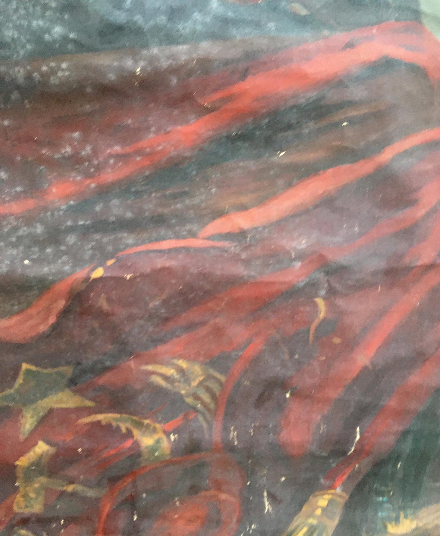 Oil painting Lenin on podium: richly patterned red-maroon stripes, gold leaf leaves