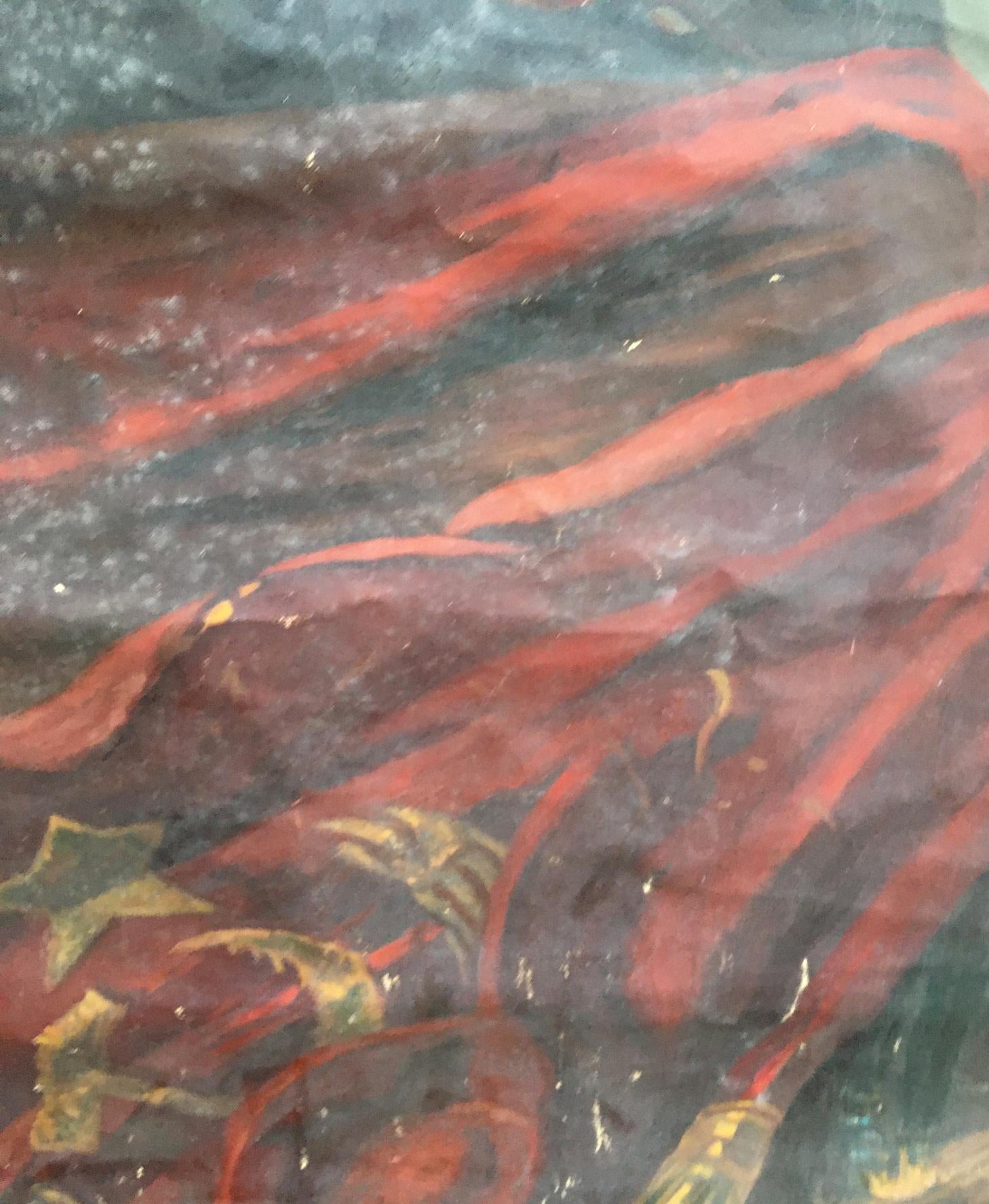 Oil painting Lenin on podium: richly patterned red-maroon stripes, gold leaf leaves