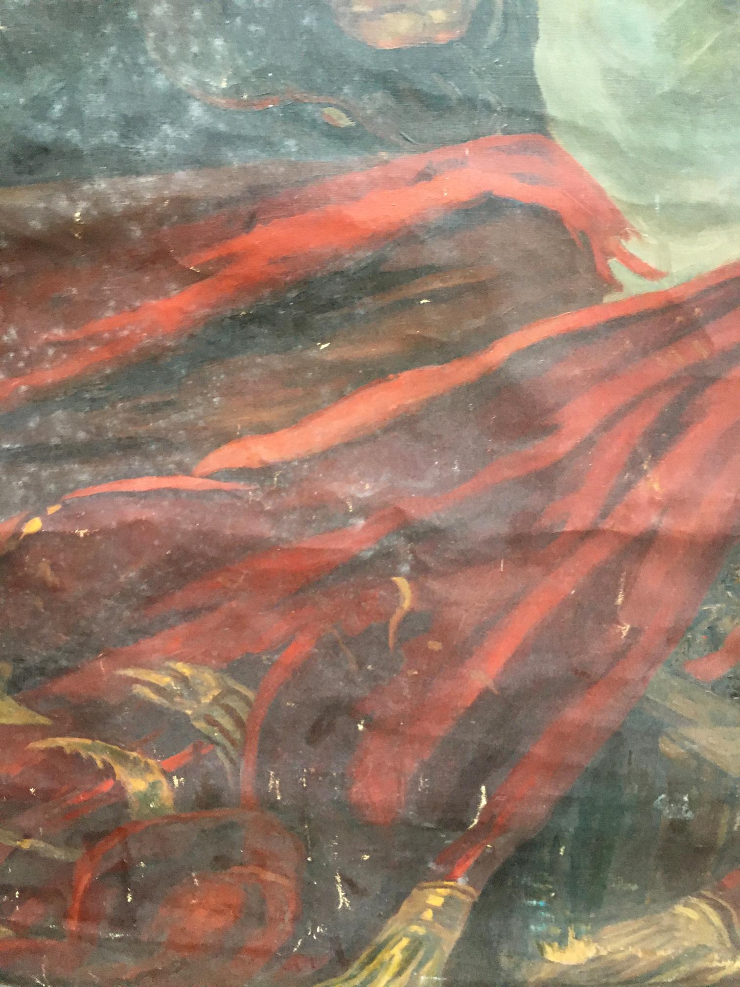 Oil painting of Lenin on podium with vibrant red fabric and gold accents