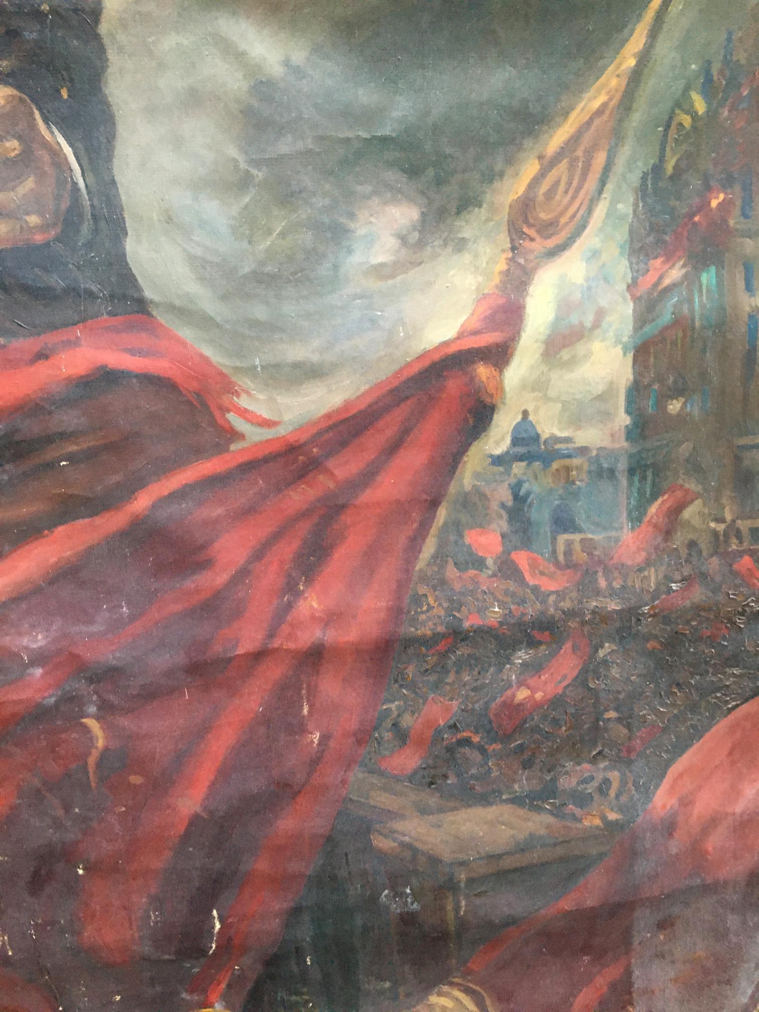 Oil painting of Lenin on podium in red robes with torch, stormy cityscape