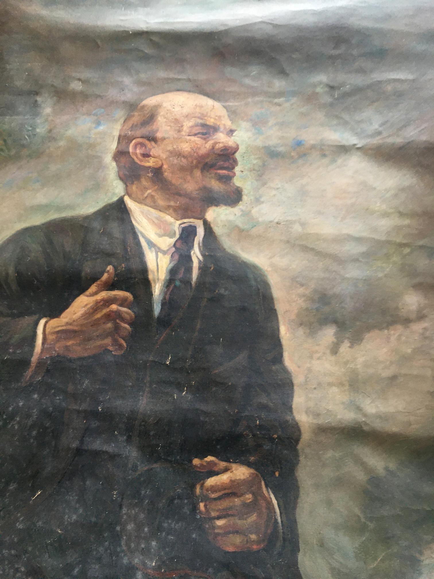Oil painting of Vladimir Lenin on podium in dark suit, realistic portrait
