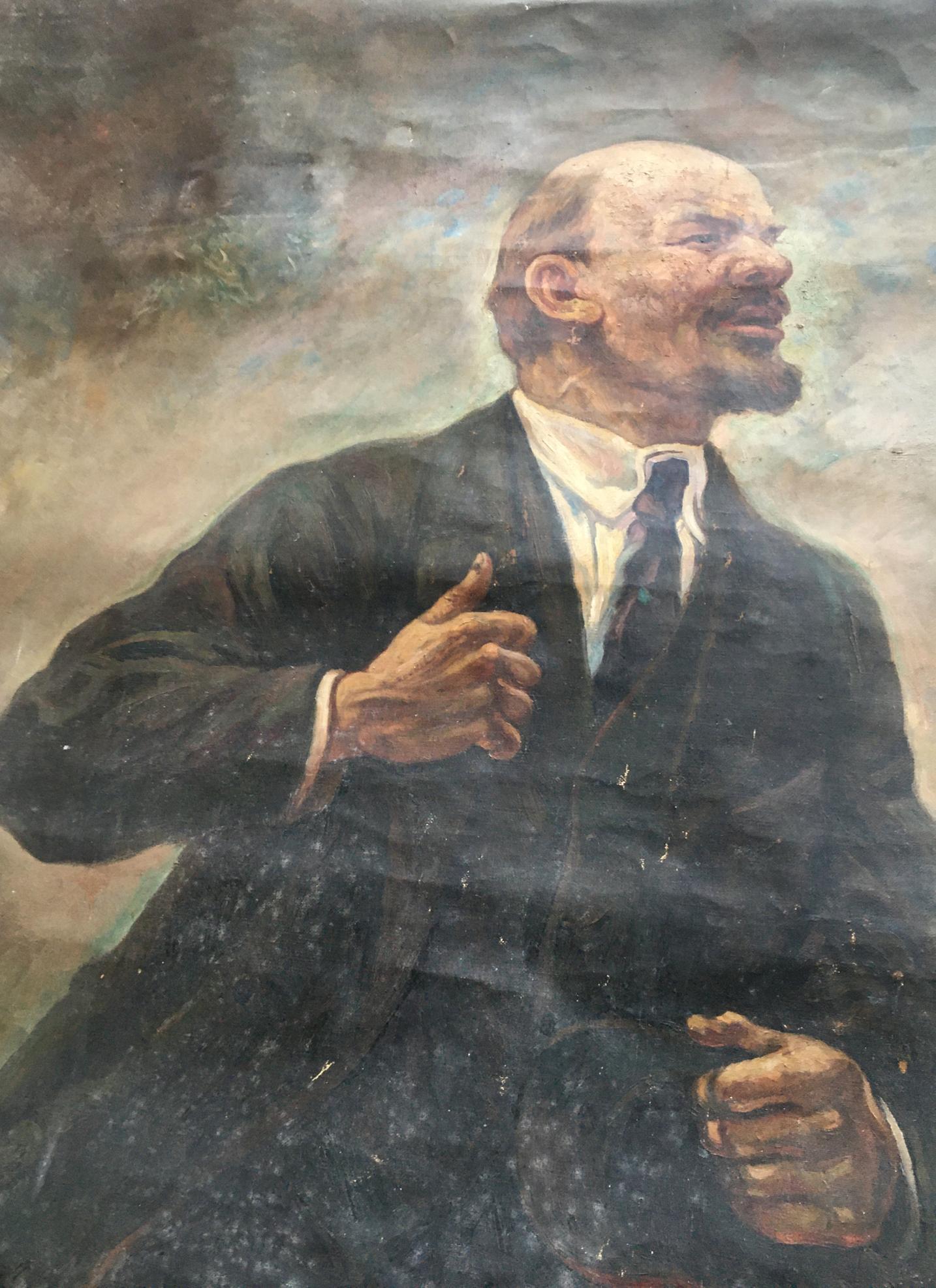 Weathered oil painting of Vladimir Lenin gesturing on podium