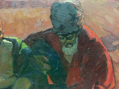 Oil painting On the ground by Brusentsov Gennady Yakovlevich, textured impasto man in orange-red coat