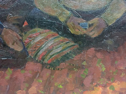 Oil painting On the ground by Brusentsov Gennady Yakovlevich: hand holding blue object