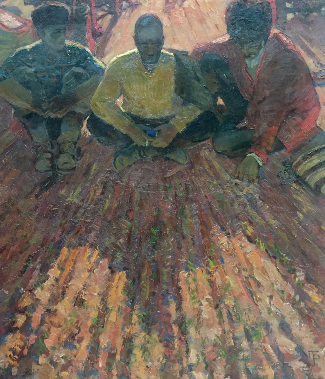 Oil painting On the ground by Brusentsov Gennady Yakovich, three figures on mat