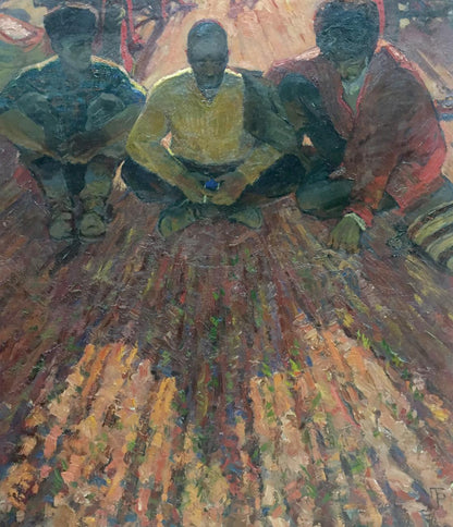 Oil painting On the ground by Brusentsov Gennady Yakovich, three figures on mat