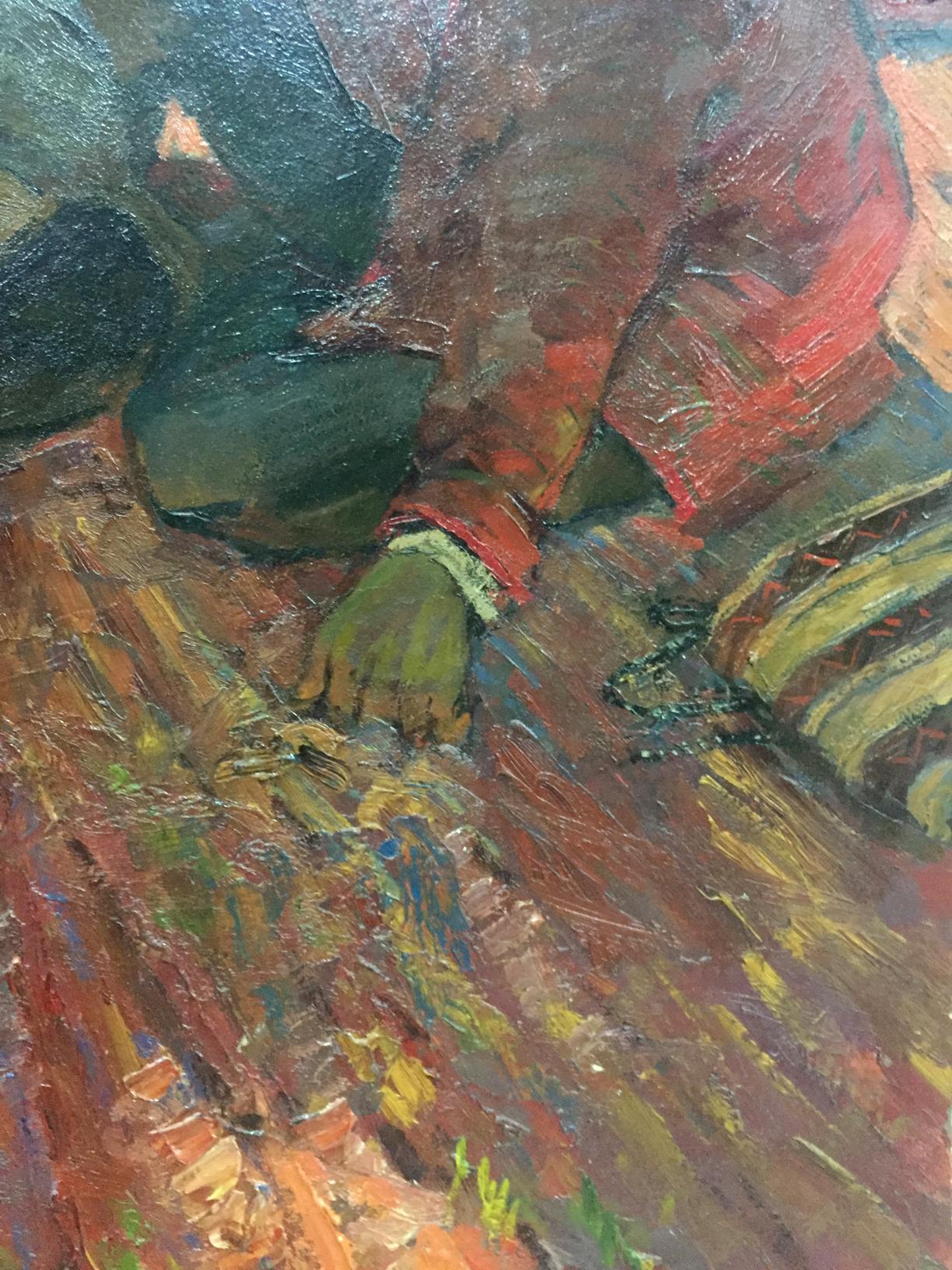 Oil painting On the ground by Brusentsov Gennady Yakovich, textured impressionistic figure in motion