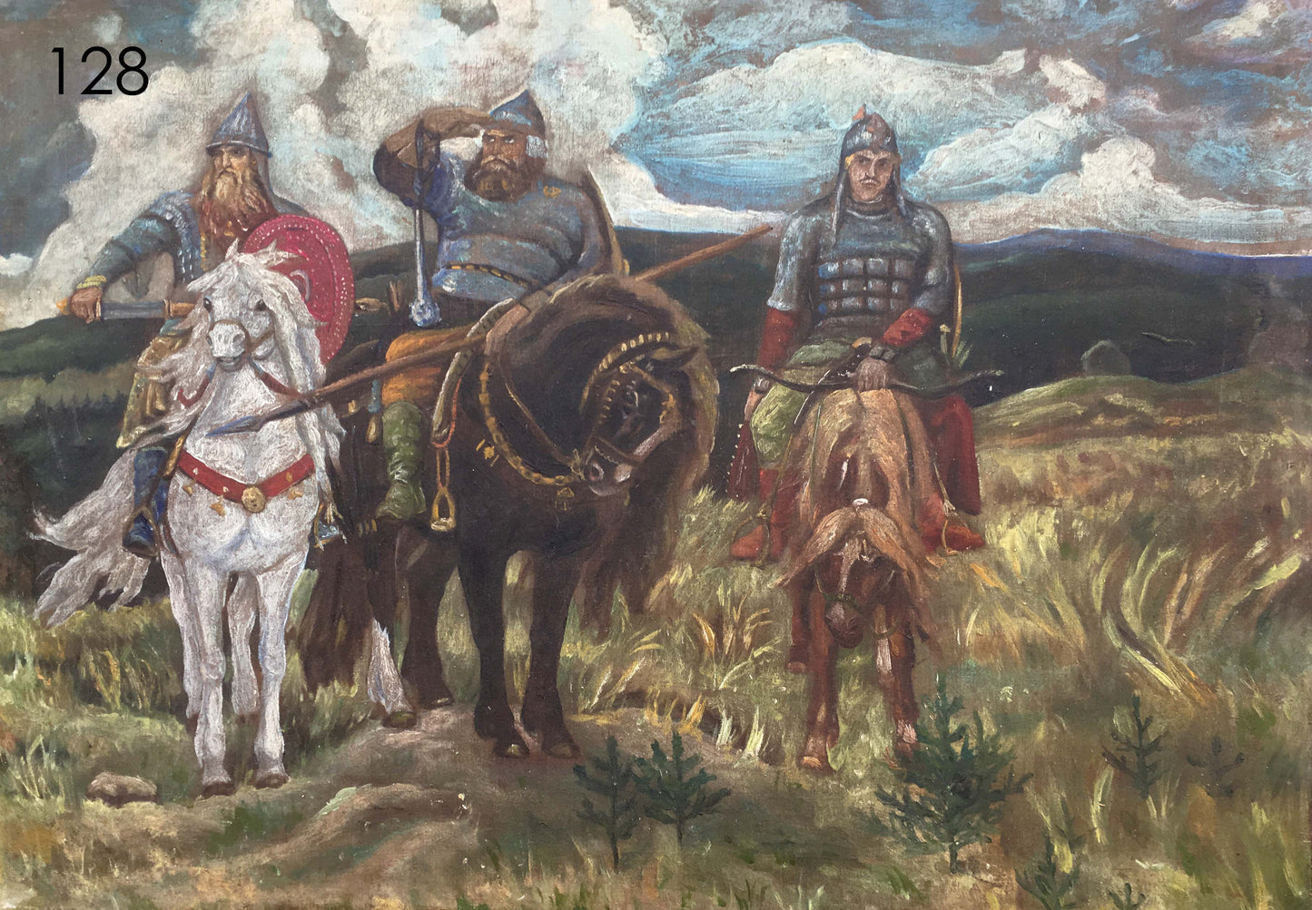 Oil painting of three heroes: armored knights on horseback in grassy landscape