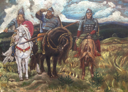 Oil painting Three heroes: 3 armored knights on white, brown steeds
