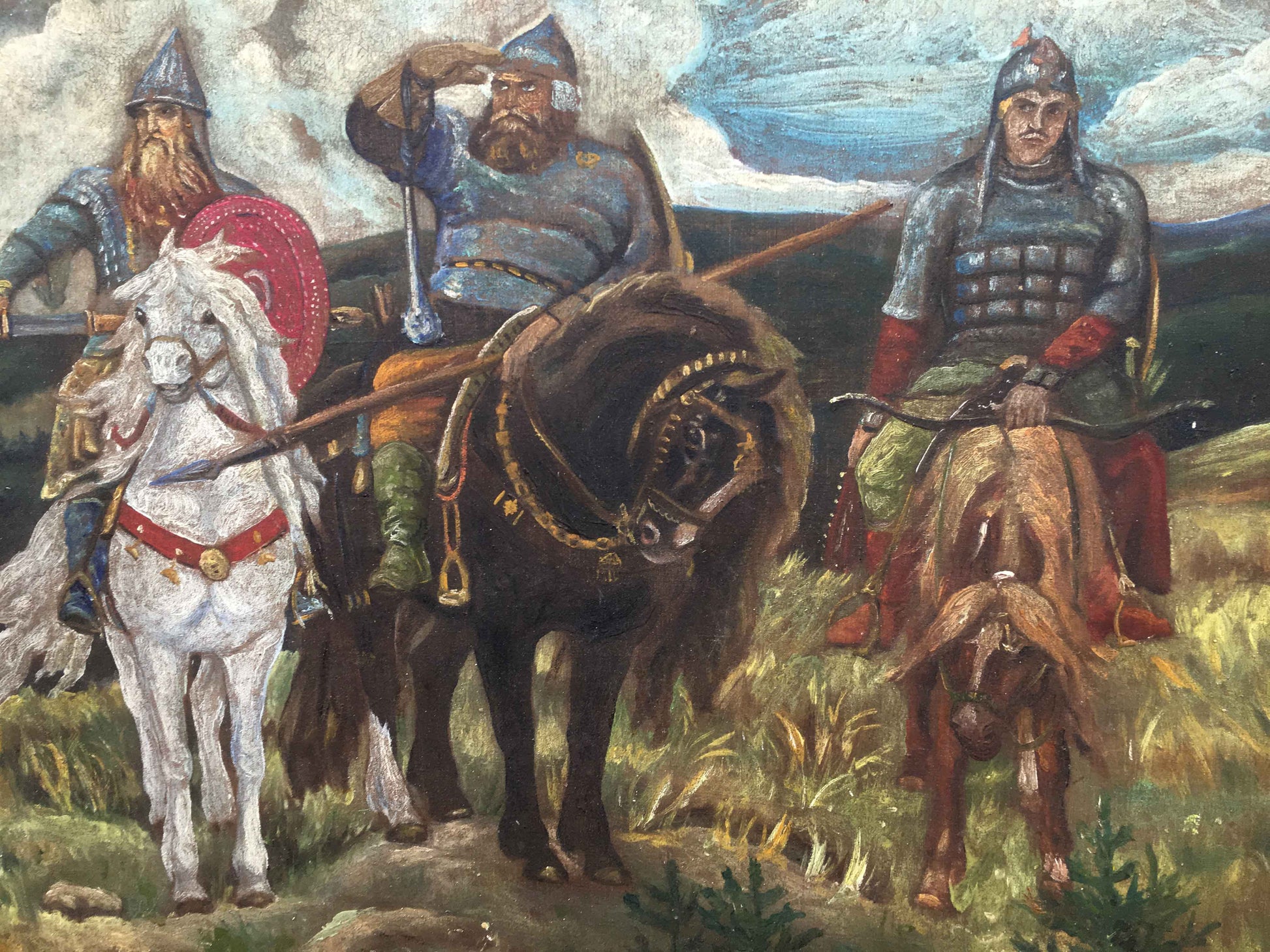 Oil painting of three armored knight heroes on white, brown, tan horses