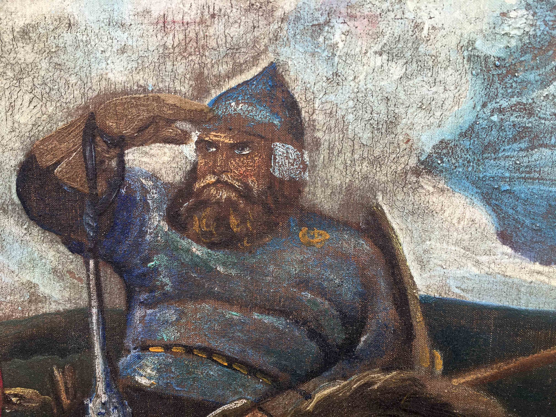 Oil painting Three heroes: Viking warrior in blue-brown attire, beard, pointed helmet