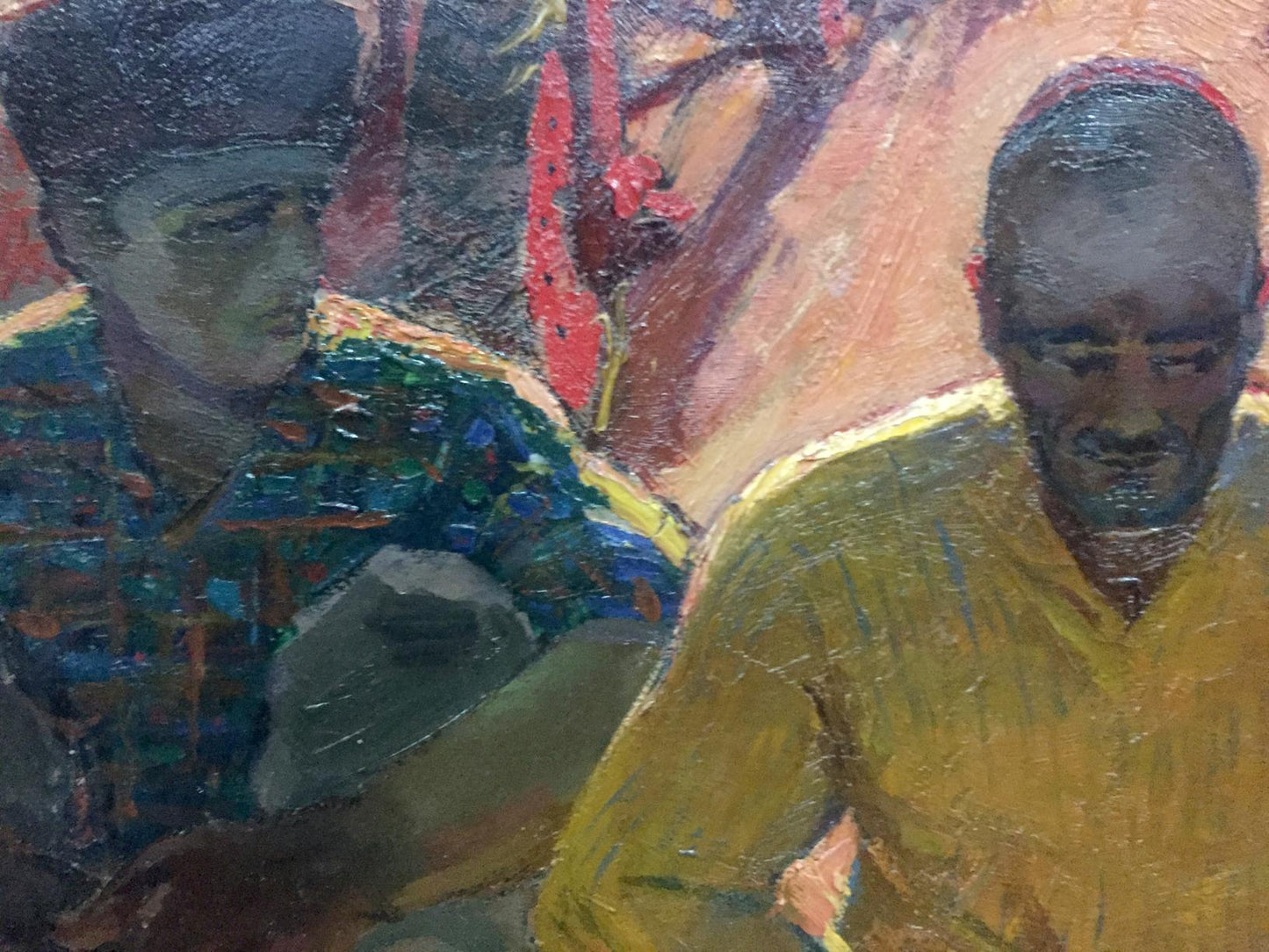 Oil painting On the ground by Brusentsov Gennady Yakovich, textured figures in yellow and blue-green