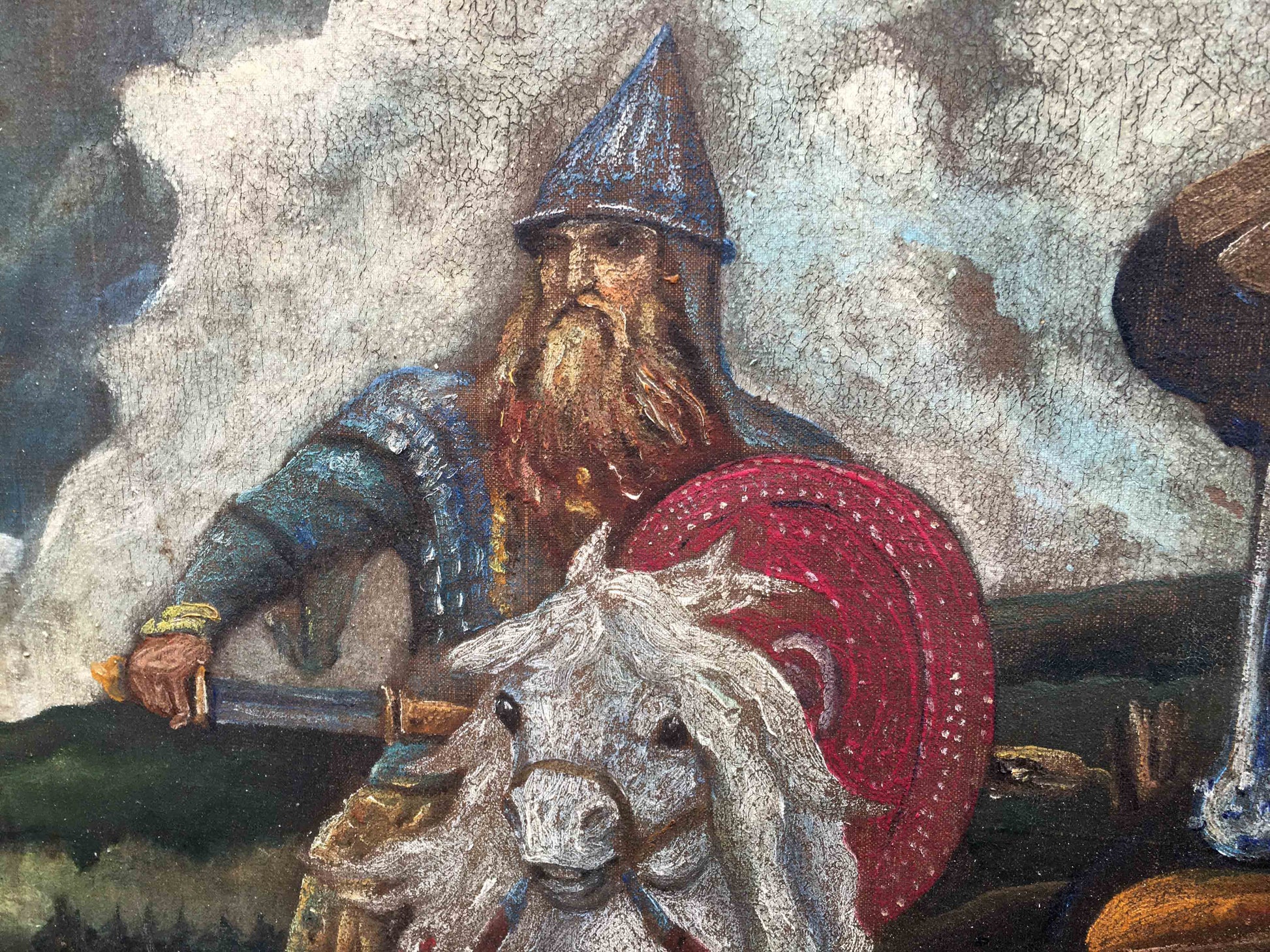 Oil painting of Viking warrior on white horse from Three heroes