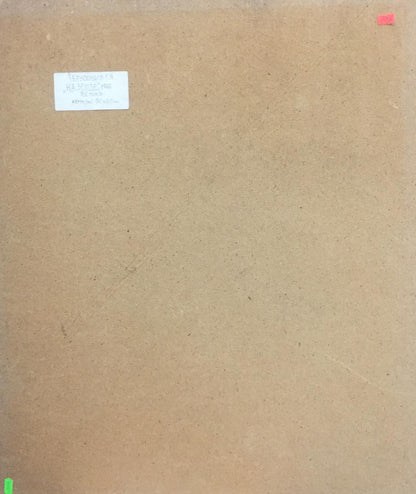 Back of Oil painting On the ground by Brusentsov Gennady Yakovich with brown cardboard, white label, red and green notes