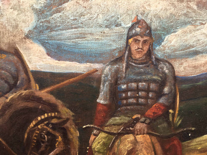 Oil painting Three heroes: mounted warrior in dark armor, red gauntlets, orange feather helmet