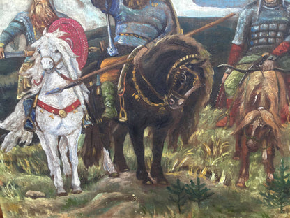 Oil painting Three Heroes: white horse with red saddle and flowing mane