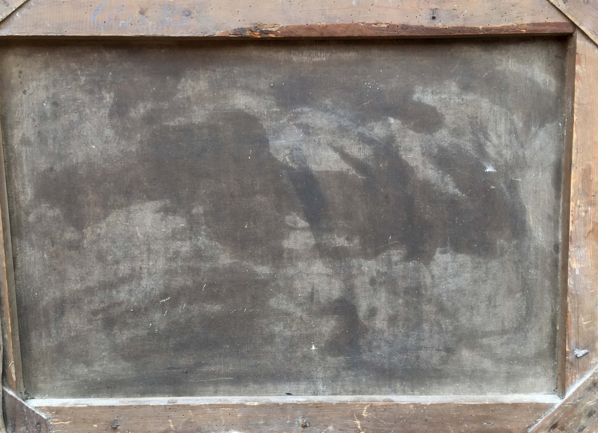 Oil painting Three heroes: weathered gray canvas in rustic wooden frame
