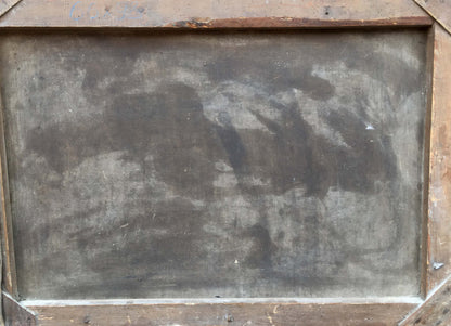 Oil painting Three heroes: weathered gray canvas in rustic wooden frame