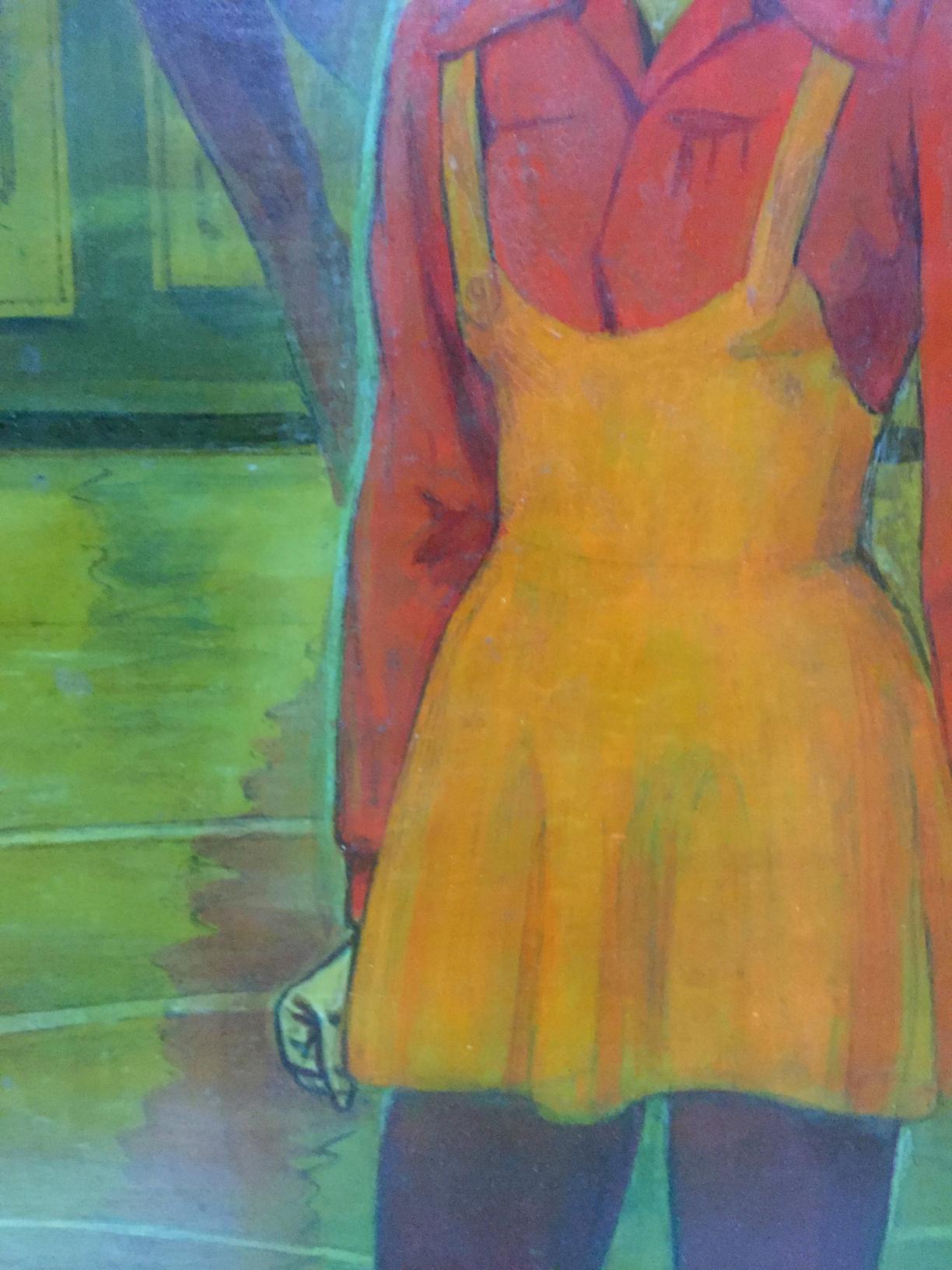 Oil painting of debutante in yellow flared dress over red shirt by Strelnikov