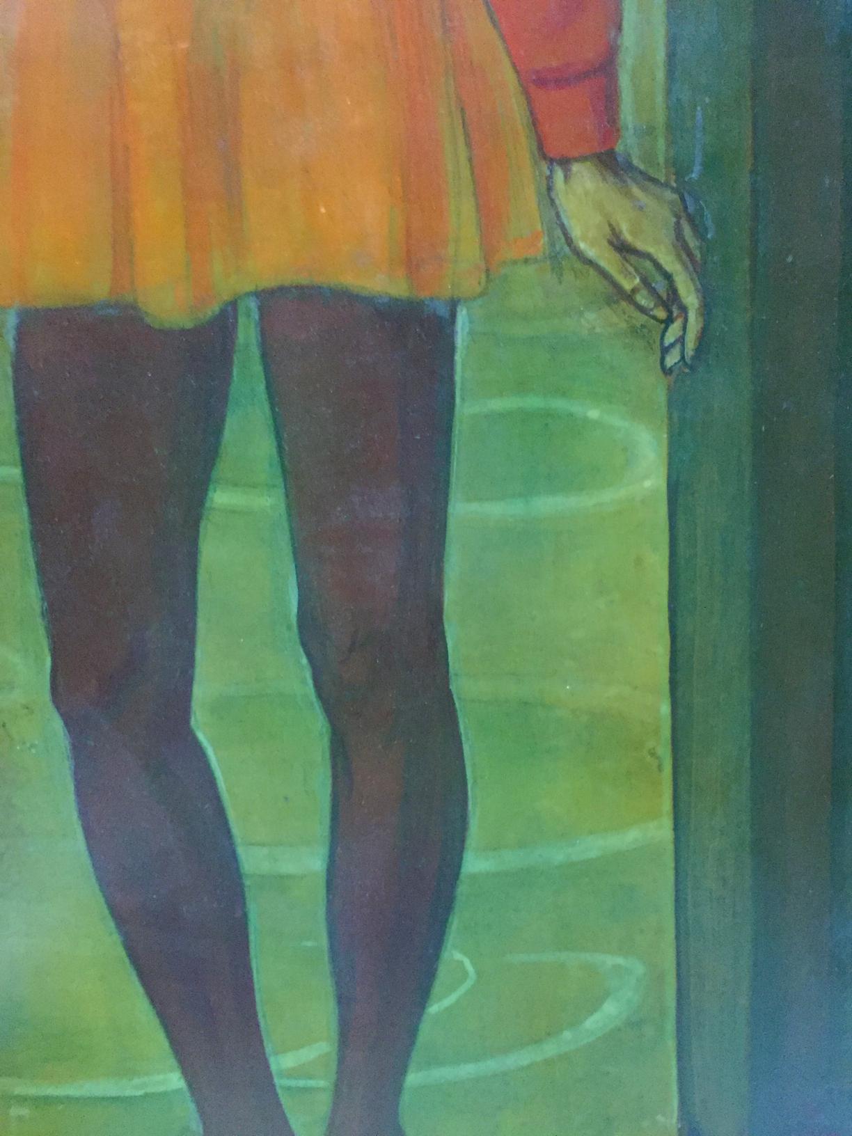 Oil painting Debutante by Strelnikov: vibrant orange pleated skirt with red cuff