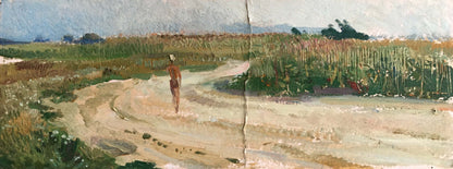 Oil painting of man walking across field of tall golden grass