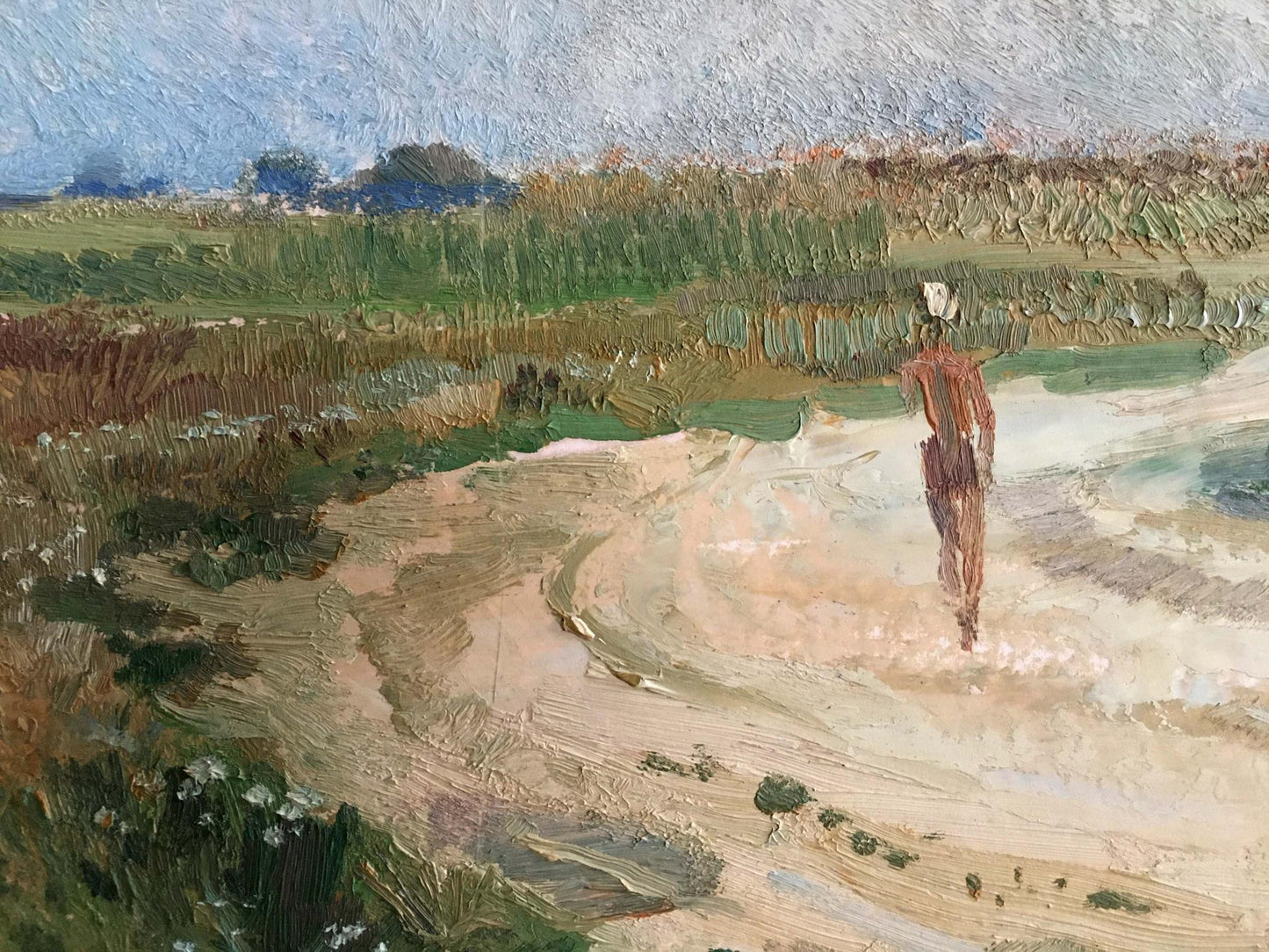 Oil painting of man walking across field in tall grass under impressionistic sky