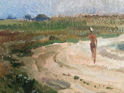 Oil painting of man walking across field in tall grass under impressionistic sky