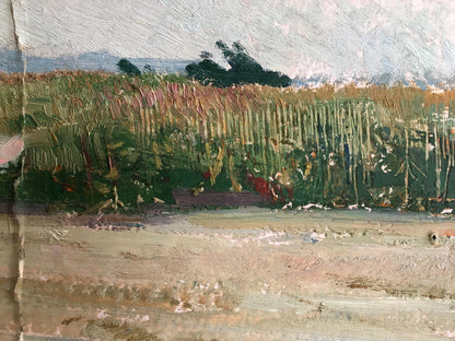 Oil painting of man walking across tall golden-green grass field under pale sky