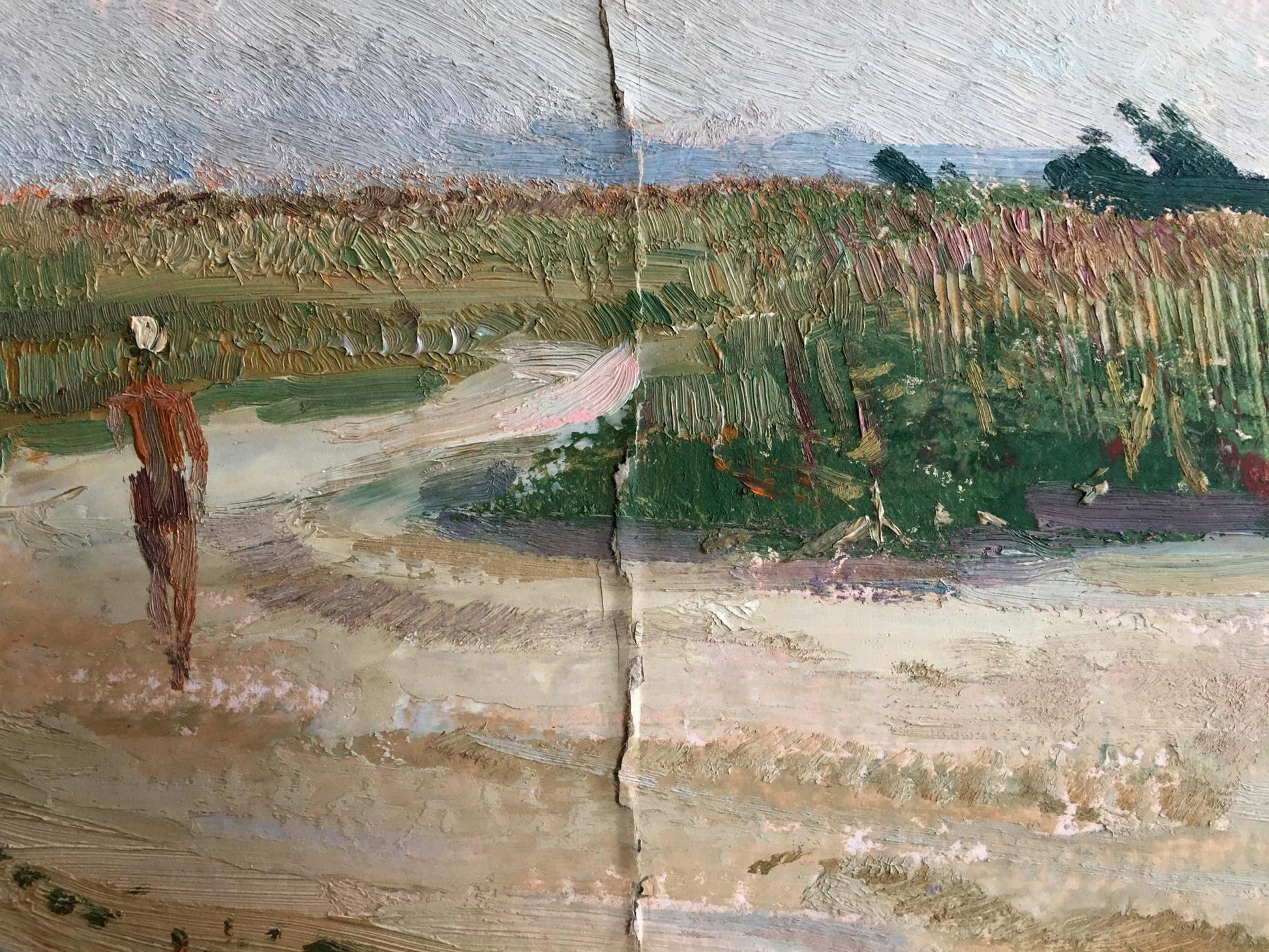 Textured oil painting of man walking across field in earthy tones