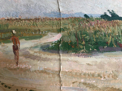 Textured oil painting of man walking across field in earthy tones