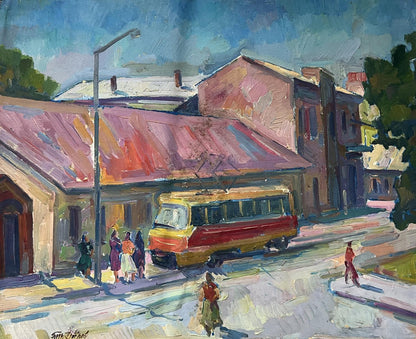 Abstract oil painting bus stop Peter Dobrev