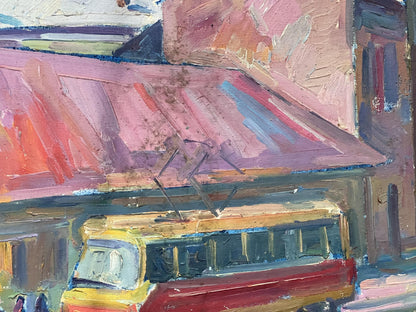 "Transit Perspectives" depicted in oil by Peter Dobrev, an abstract take on bus stops