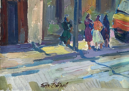 Oil rendition of a bus stop's abstract essence by Peter Dobrev