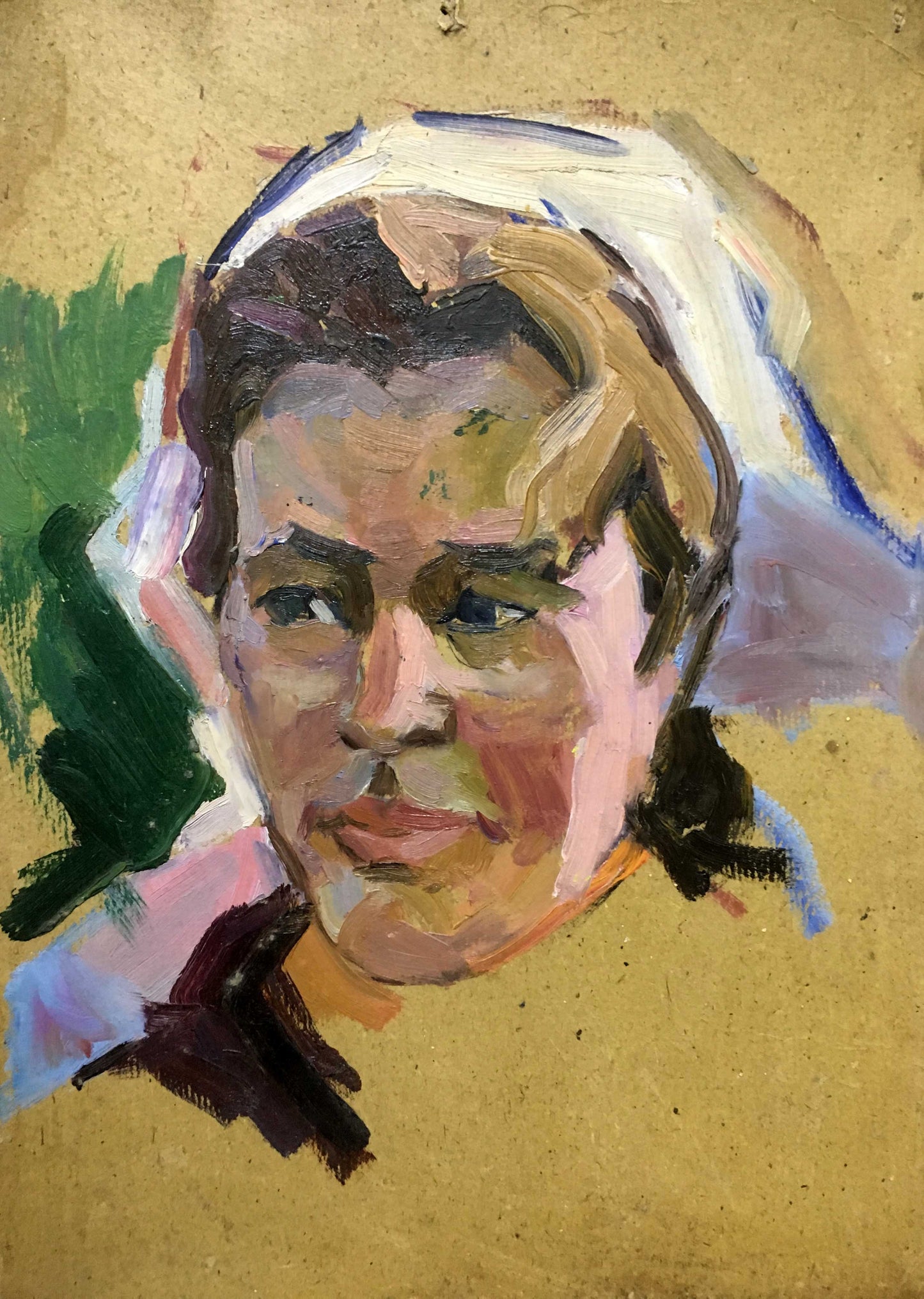 Oil painting portrait of milkmaid by N. Semenchenko in warm earth tones