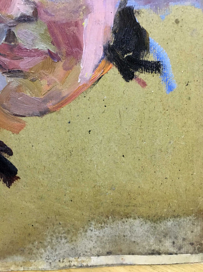 Oil painting portrait of a milkmaid by N. Semenchenko in pink, black, blue on olive green