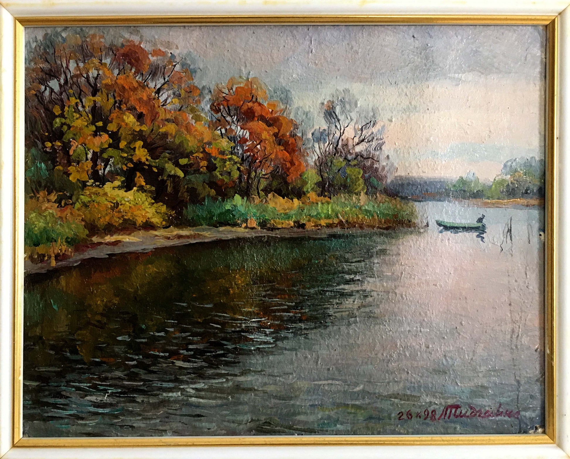Oil painting A. Pidgayko: serene autumn river with boat and vibrant trees