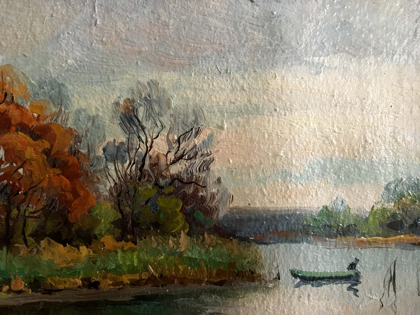 Serene oil painting by A. Pidgayko: green canoe on calm water amid autumn trees