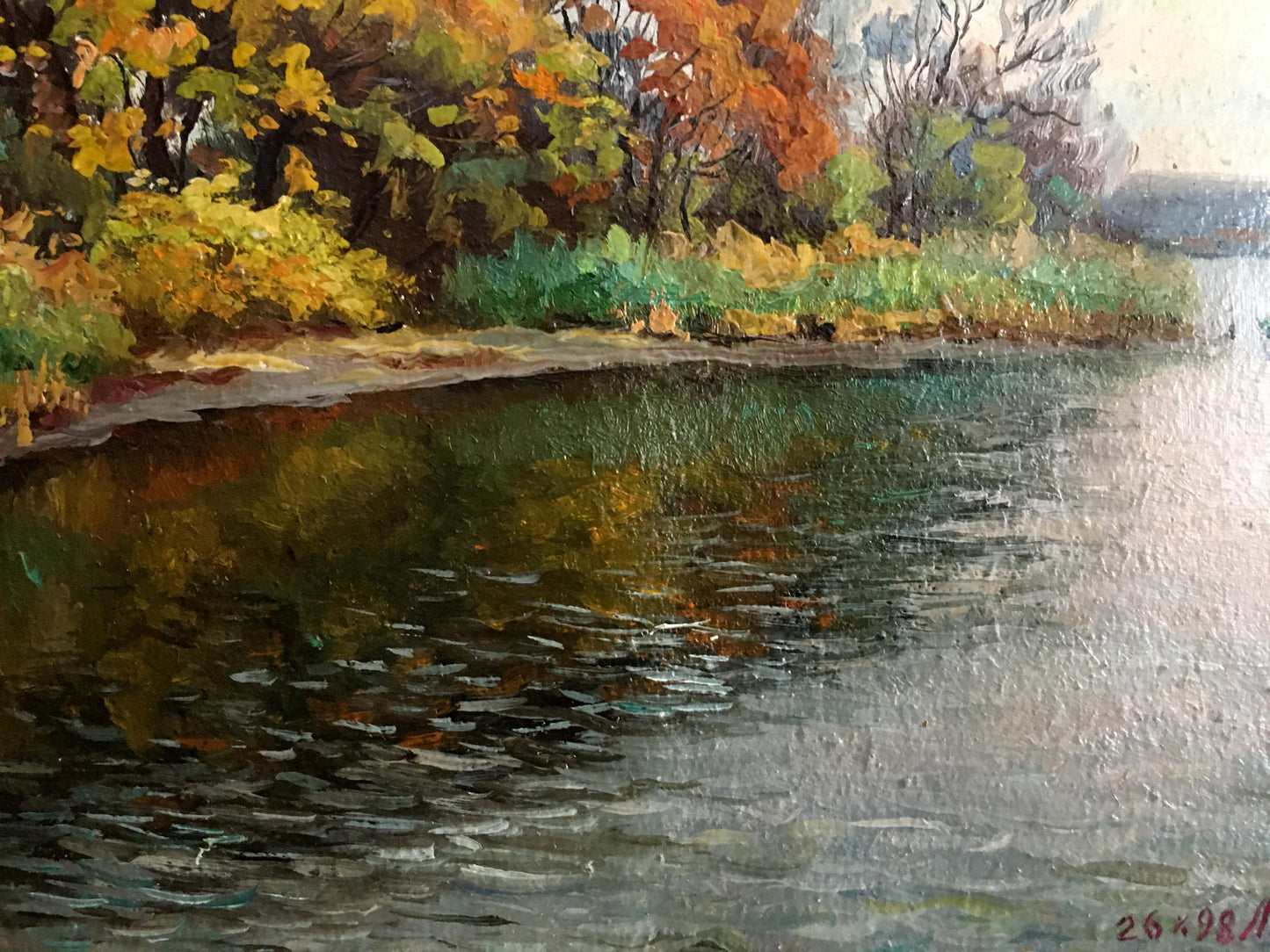 Oil painting by A. Pidgayko: autumn trees along tranquil riverbank