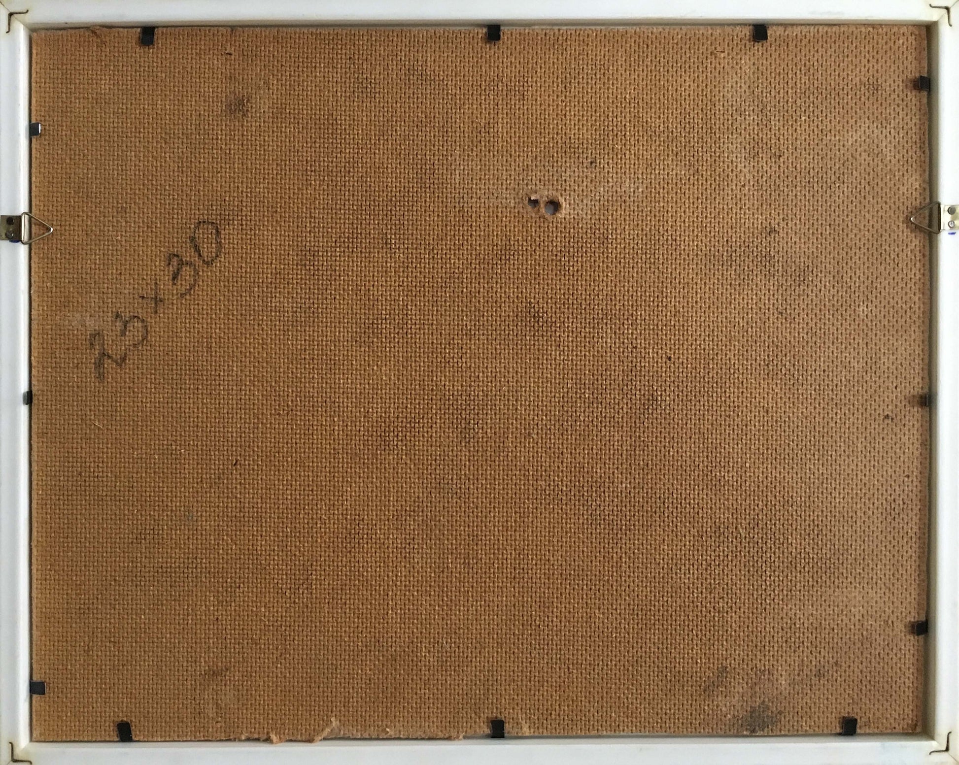 Back of Oil painting A. Pidgayko with white frame, brown textured backing, black brackets