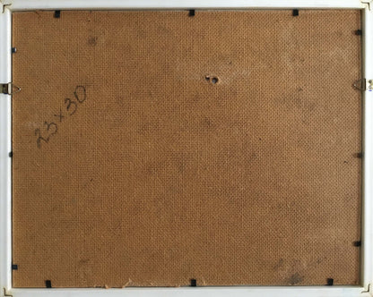 Back of Oil painting A. Pidgayko with white frame, brown textured backing, black brackets