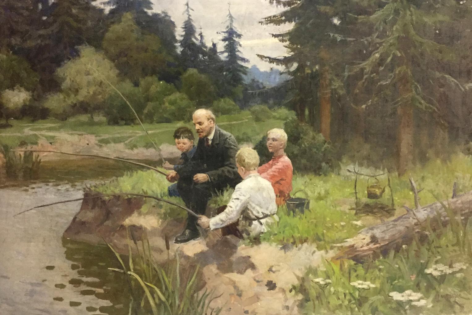 Oil painting of Lenin with children fishing by riverbank by Shmatko