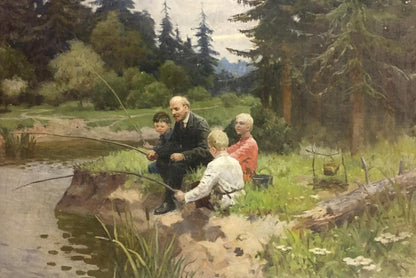 Oil painting of Lenin with children fishing by riverbank by Shmatko