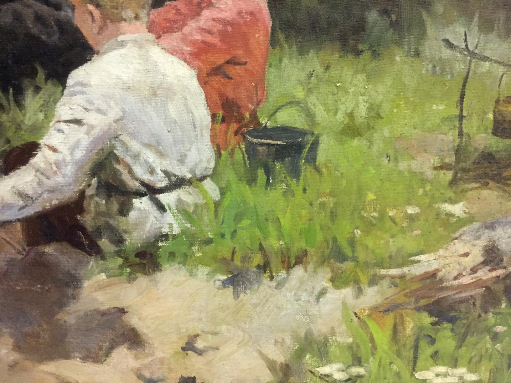Black bucket with handle in green grass oil painting by Shmatko Leonid Aleksandrovich