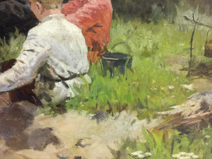 Black bucket with handle in green grass oil painting by Shmatko Leonid Aleksandrovich