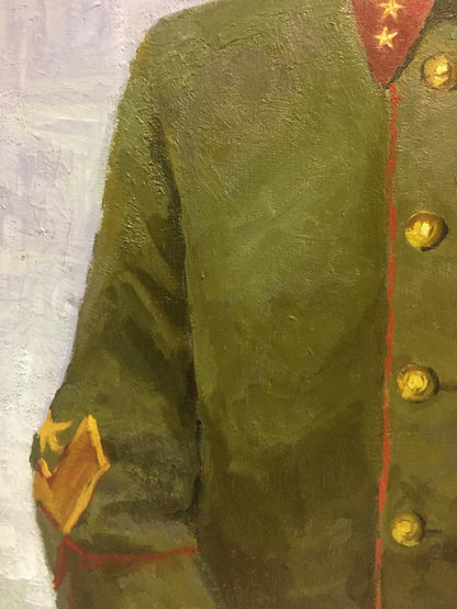 Oil painting portrait of Kirponos M by Shirokov Anatoly Georgievich in olive green military coat with gold buttons, red trim and collar with yellow stars