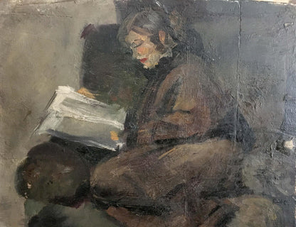 Textured impressionistic oil painting by Ryangina S. V. of woman reading newspaper