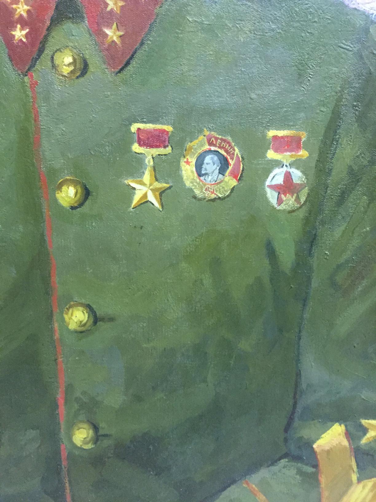 Oil painting portrait of Kirponos M by Shirokov Anatoly Georgievich: green military jacket with gold buttons and medals including Lenin