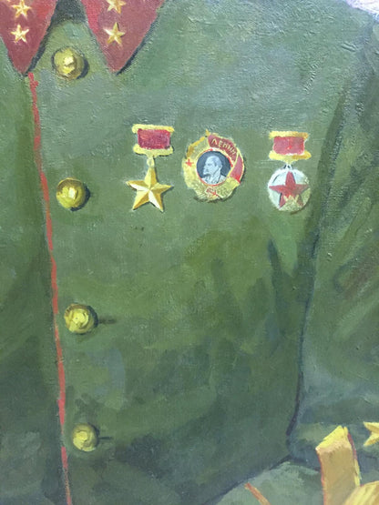 Oil painting portrait of Kirponos M by Shirokov Anatoly Georgievich: green military jacket with gold buttons and medals including Lenin